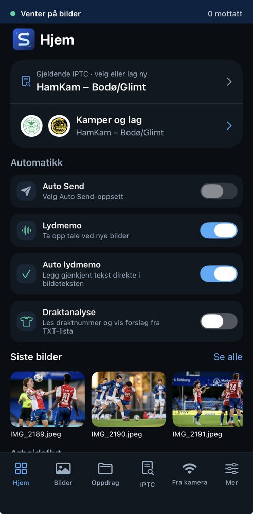 Shutdesk home screen with IPTC, matches and automation toggles